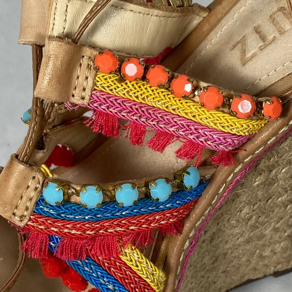 NEW Schutz Mella Espadrille Wedge Heel Sandal Pom Pom Jeweled 8.5